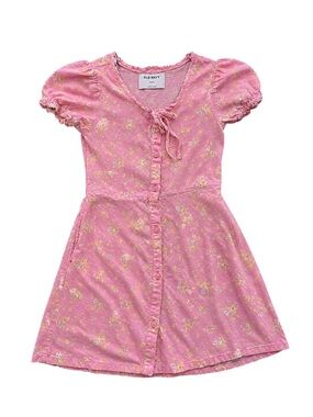 Old Navy Girls Pink Floral Dress Size Small 6/7 Puff Sleeve Button Front